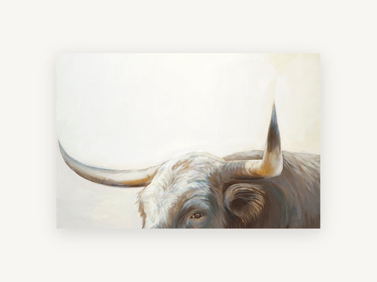 Longhorn Gaze, longhorn bull portrait painting, animal canvas wall art print, front view