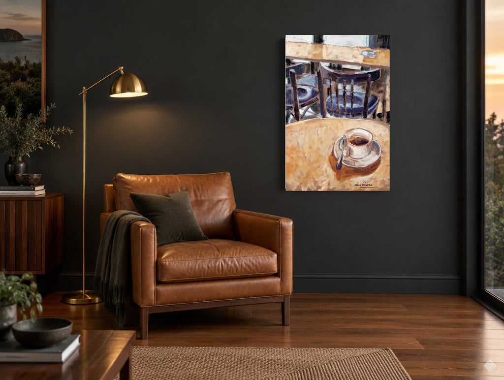 Café Table Morning kitchen canvas print on the wall of a charcoal living room
