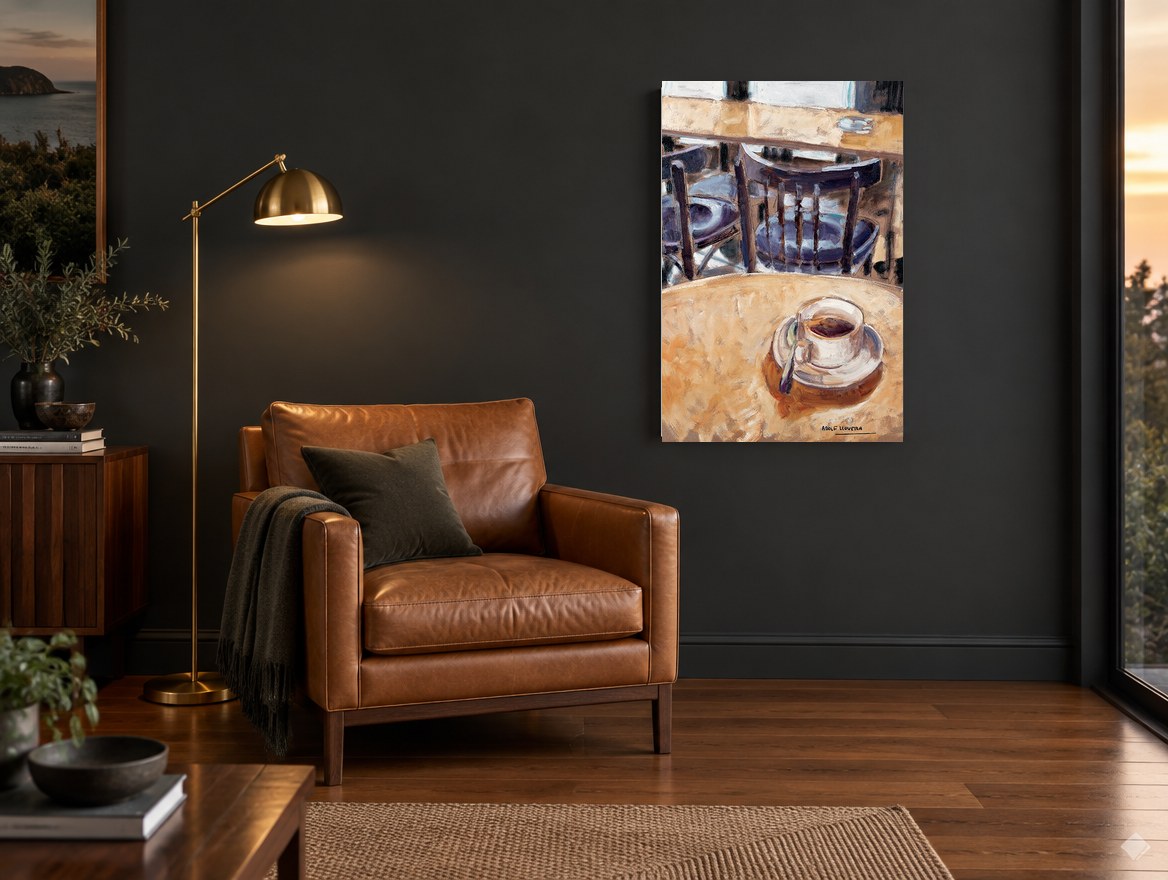 Café Table Morning kitchen canvas print on the wall of a charcoal living room