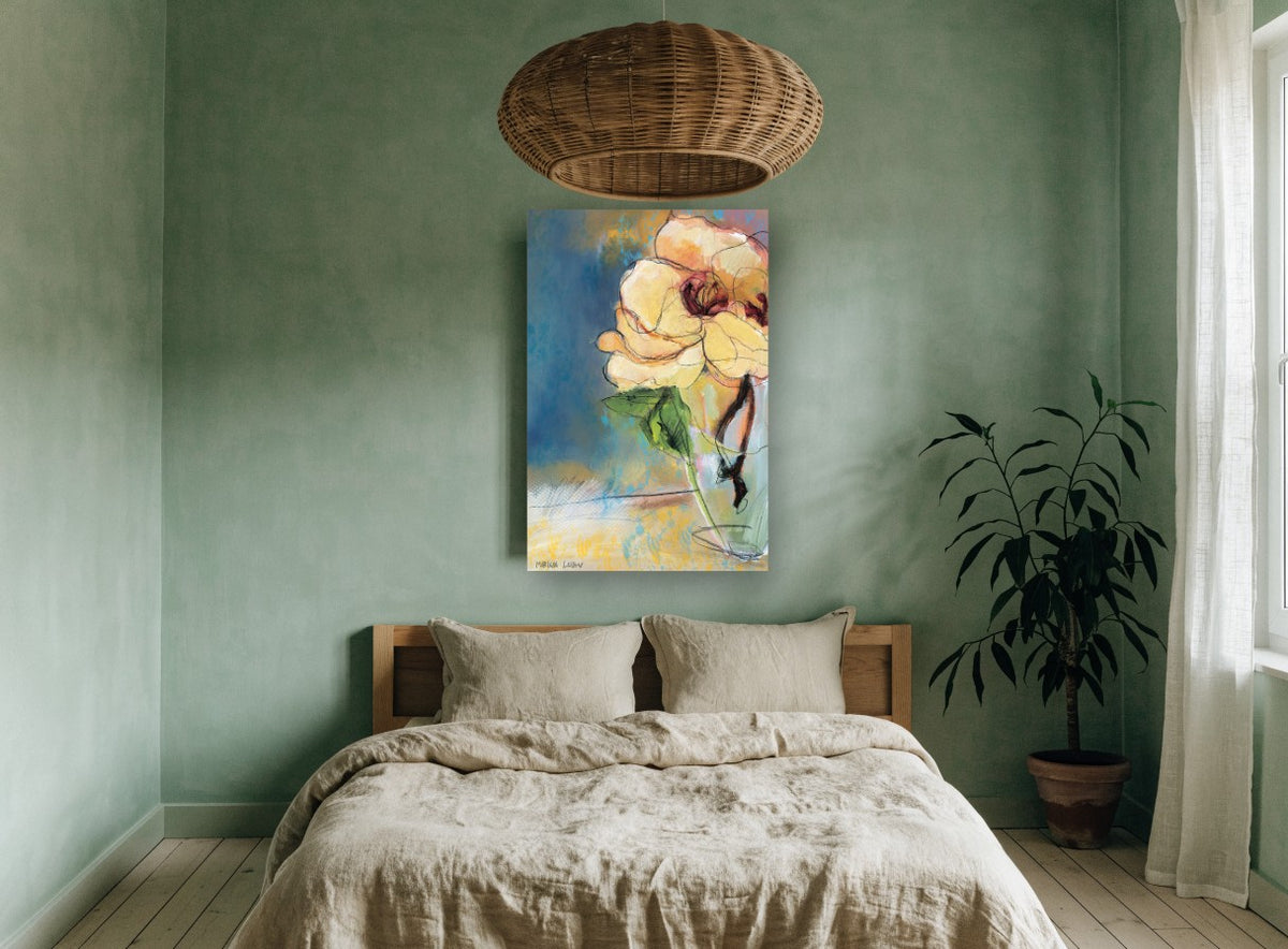 Cream Bloom in Glass floral canvas print on the wall of a bedroom