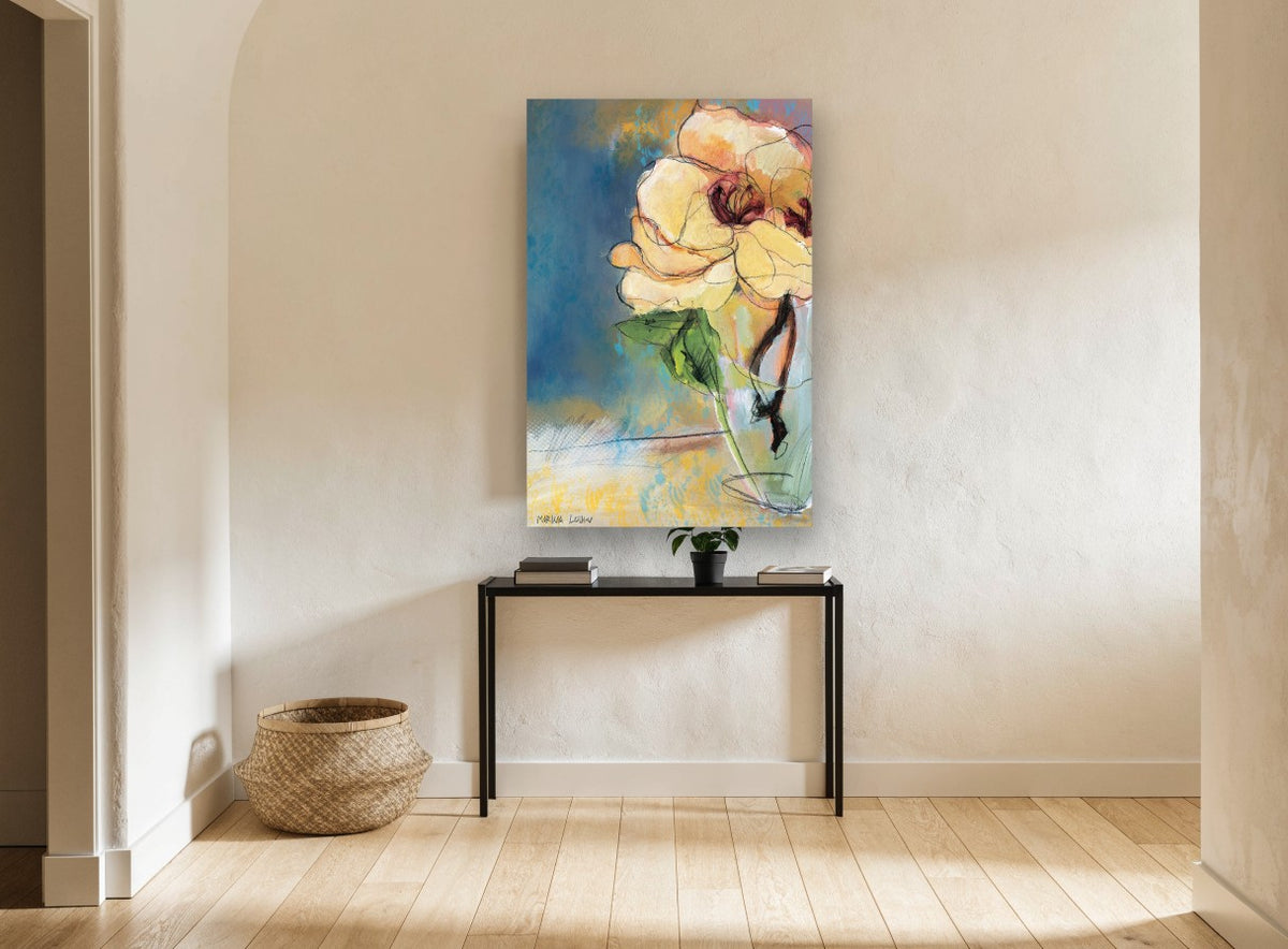 Cream Bloom in Glass floral canvas print on the wall of a hallway