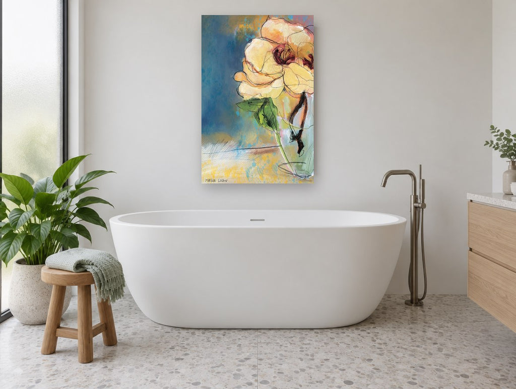 Cream Bloom in Glass floral canvas print on the wall of a bathroom
