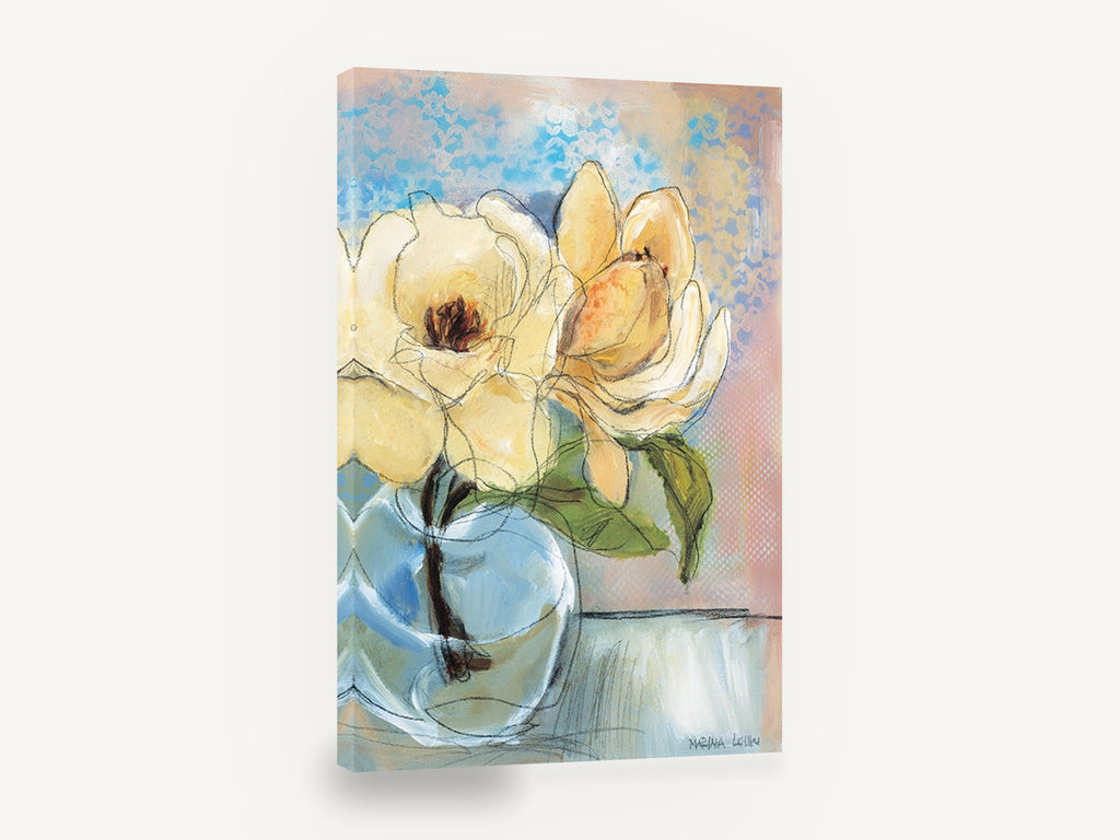 Cream Magnolia in Glass, cream magnolia bouquet in vase, floral canvas wall art print ready to hang