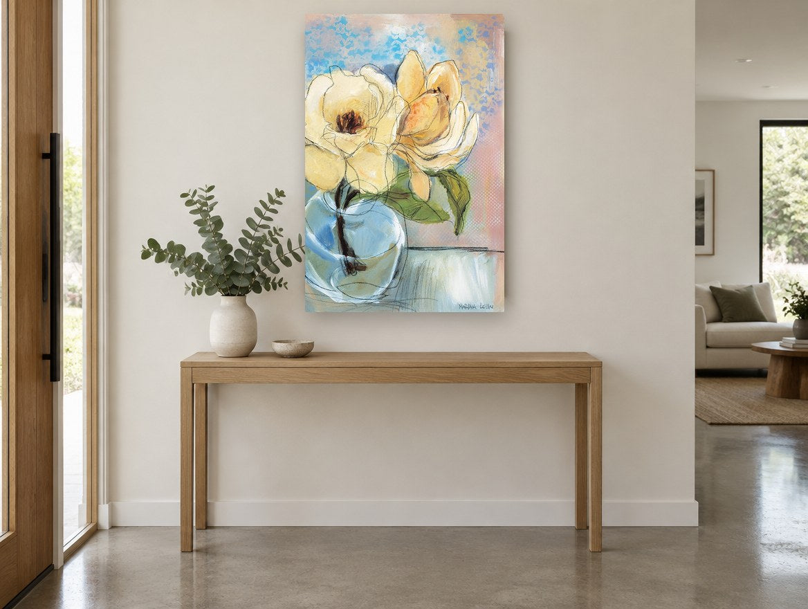 Cream Magnolia in Glass floral canvas print on the wall of a entry hall