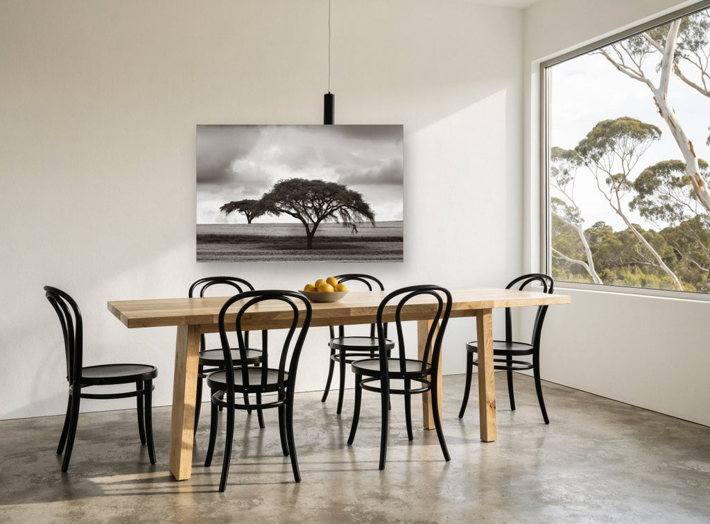 Acacia Under Storm floral canvas print on the wall of a dining room