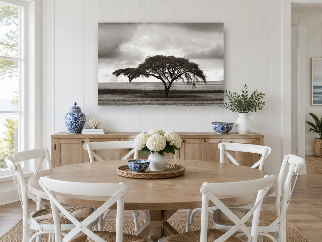 Acacia Under Storm floral canvas print on the wall of a Hamptons dining room