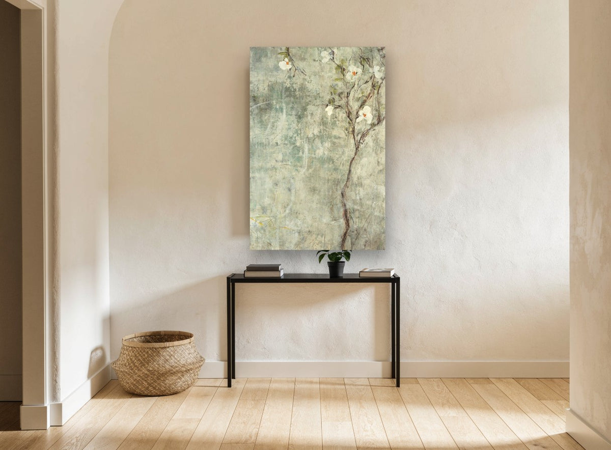 White Blossom Mist floral canvas print on the wall of a hallway