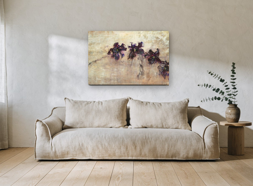 Violet Orchid Drift floral canvas print on the wall of a living room