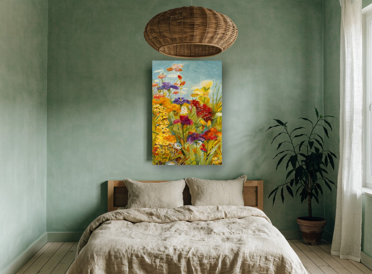Garden Merriment floral canvas print on the wall of a bedroom