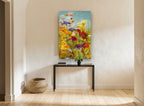 Garden Merriment floral canvas print on the wall of a hallway