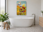 Garden Merriment floral canvas print on the wall of a bathroom