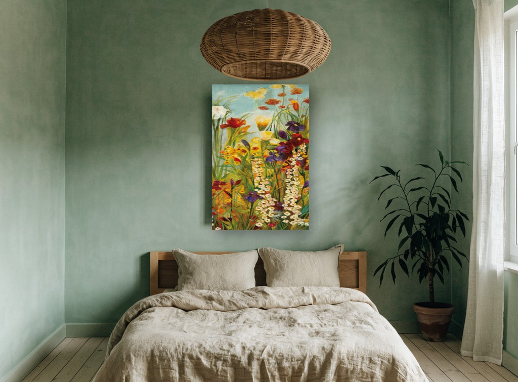 Garden Chorus floral canvas print on the wall of a bedroom