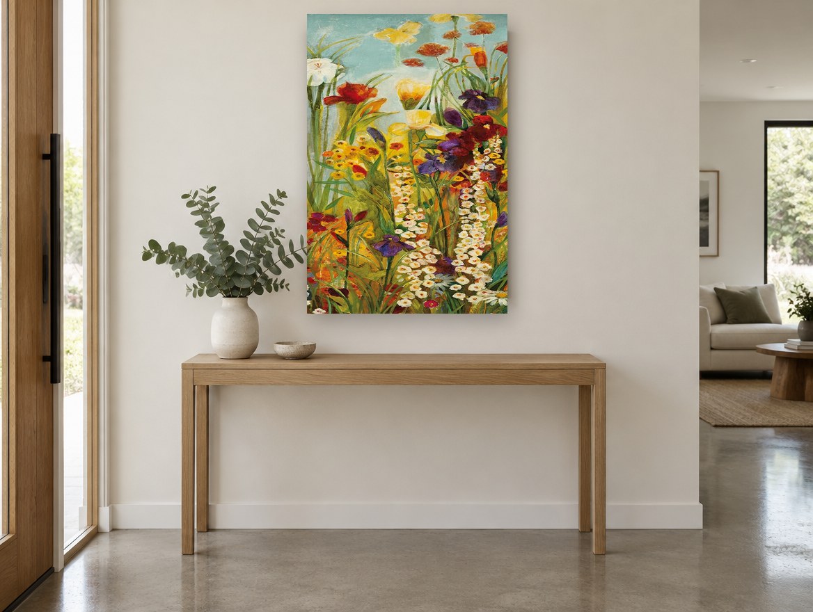 Garden Chorus floral canvas print on the wall of a entry hall