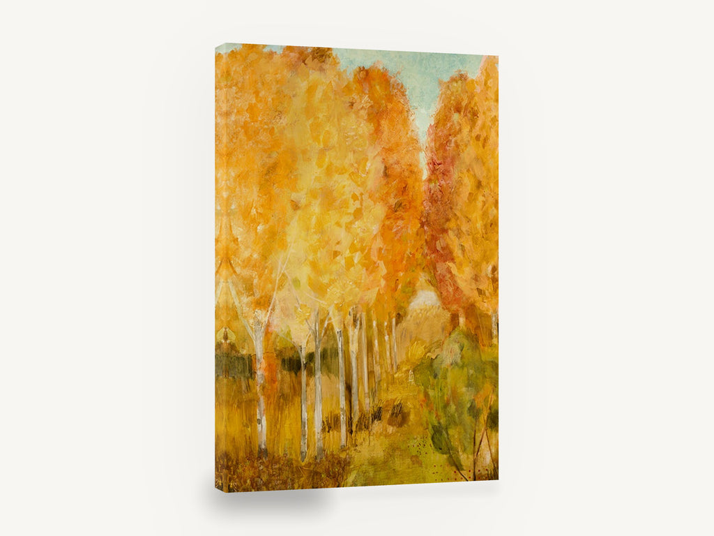 Golden Birch Lane, autumn birch grove painterly landscape, landscape canvas wall art print ready to hang