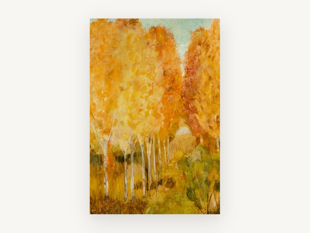 Golden Birch Lane, autumn birch grove painterly landscape, landscape canvas wall art print, front view