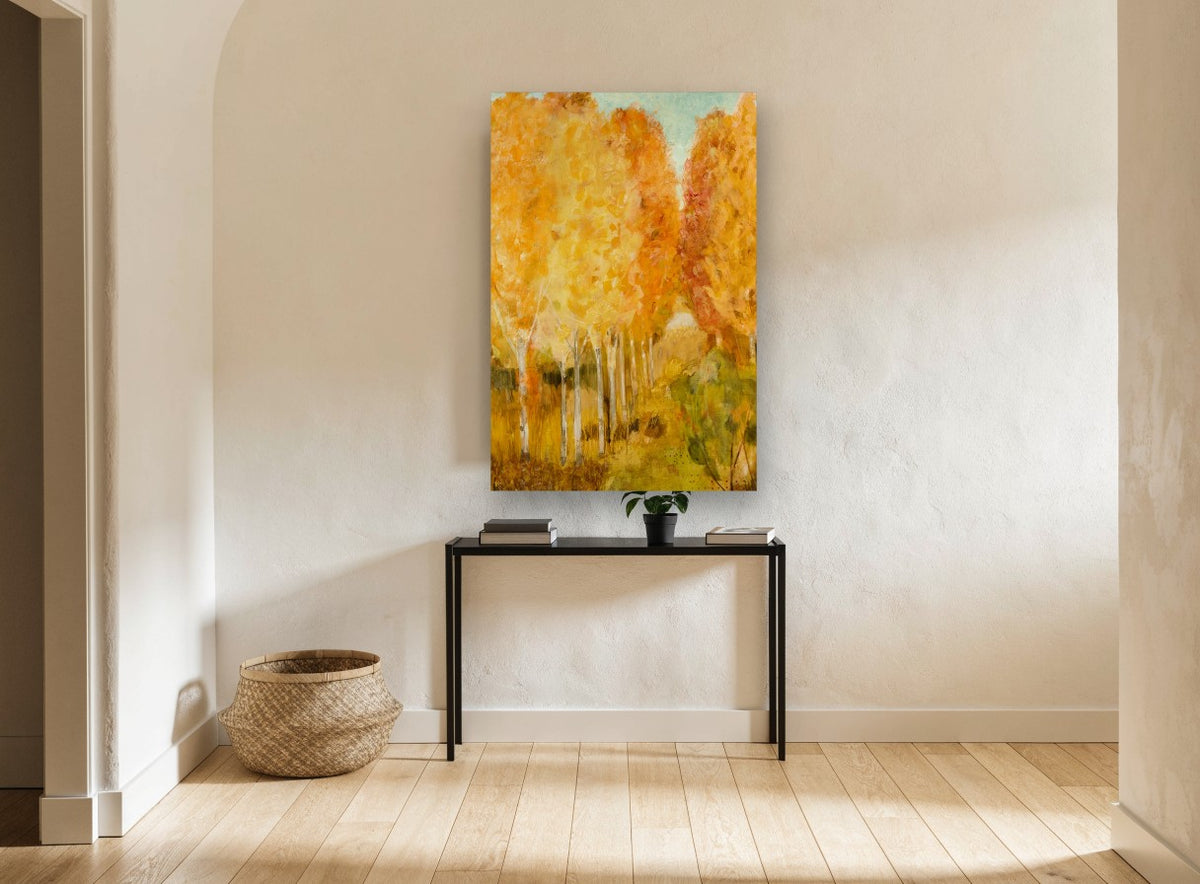 Golden Birch Lane landscape canvas print on the wall of a hallway