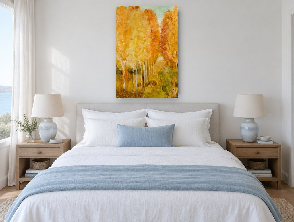 Golden Birch Lane landscape canvas print on the wall of a bedroom