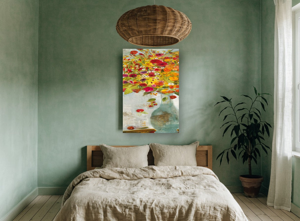 Overflowing Poppy Vase floral canvas print on the wall of a bedroom