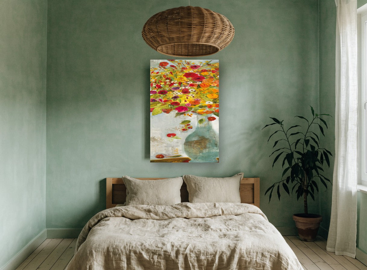 Overflowing Poppy Vase floral canvas print on the wall of a bedroom