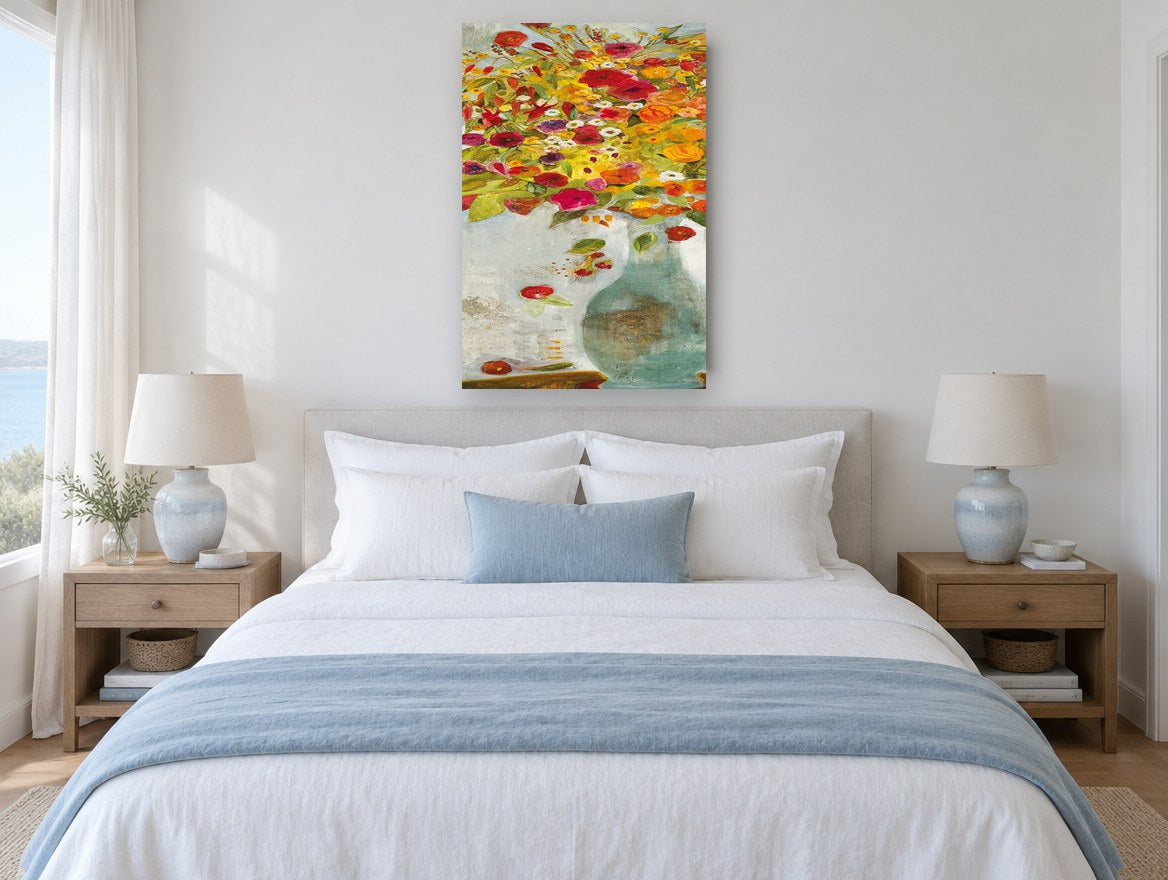 Overflowing Poppy Vase floral canvas print on the wall of a coastal bedroom