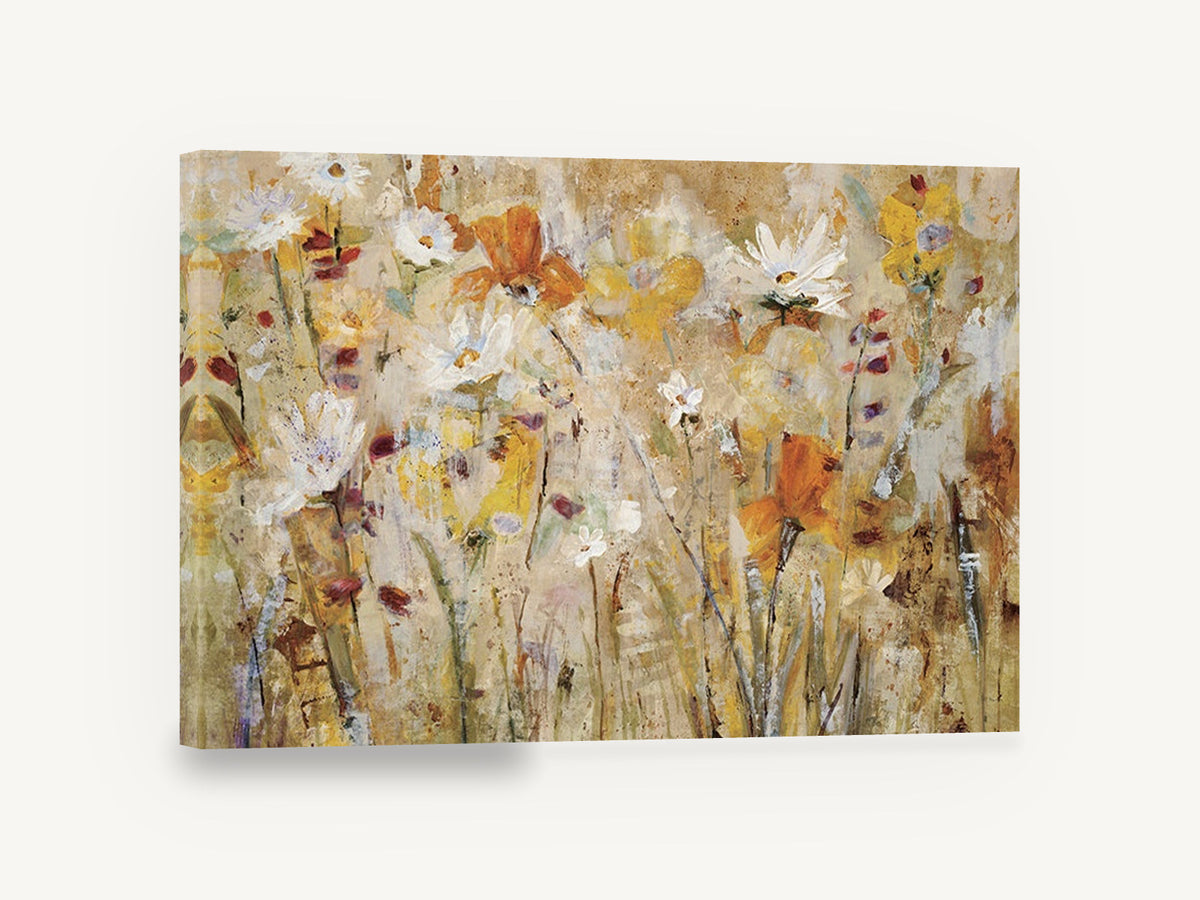 Golden Meadow Drift, yellow orange wildflower meadow painting, floral canvas wall art print ready to hang