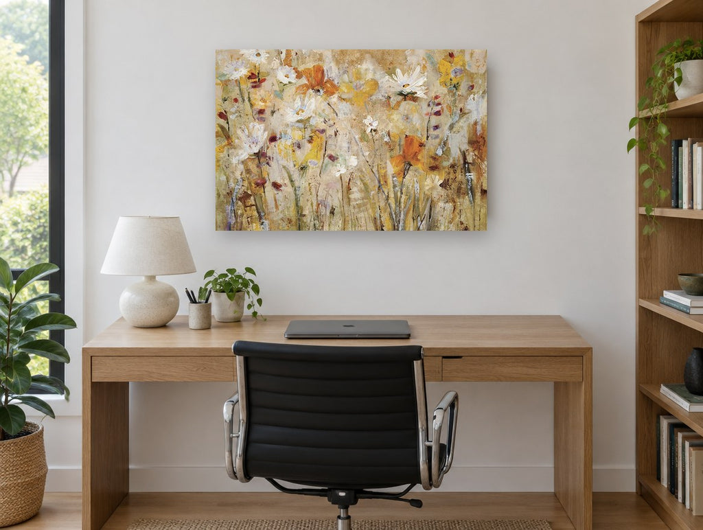 Golden Meadow Drift floral canvas print on the wall of a study