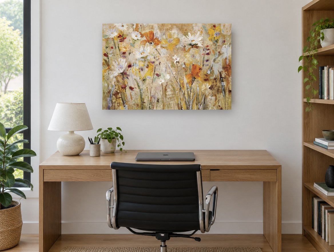 Golden Meadow Drift floral canvas print on the wall of a study