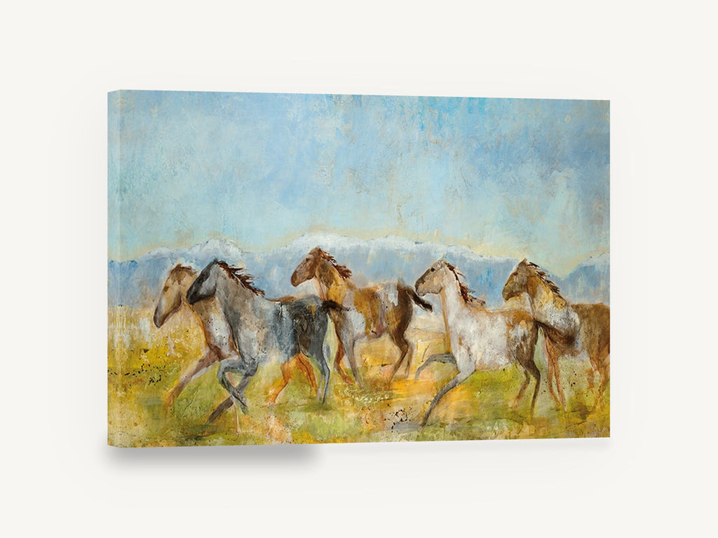 Galloping Mountain Herd, galloping horses mountain landscape artwork, animal canvas wall art print ready to hang