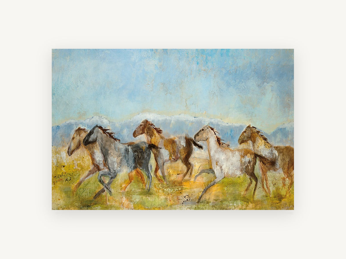 Galloping Mountain Herd, galloping horses mountain landscape artwork, animal canvas wall art print, front view