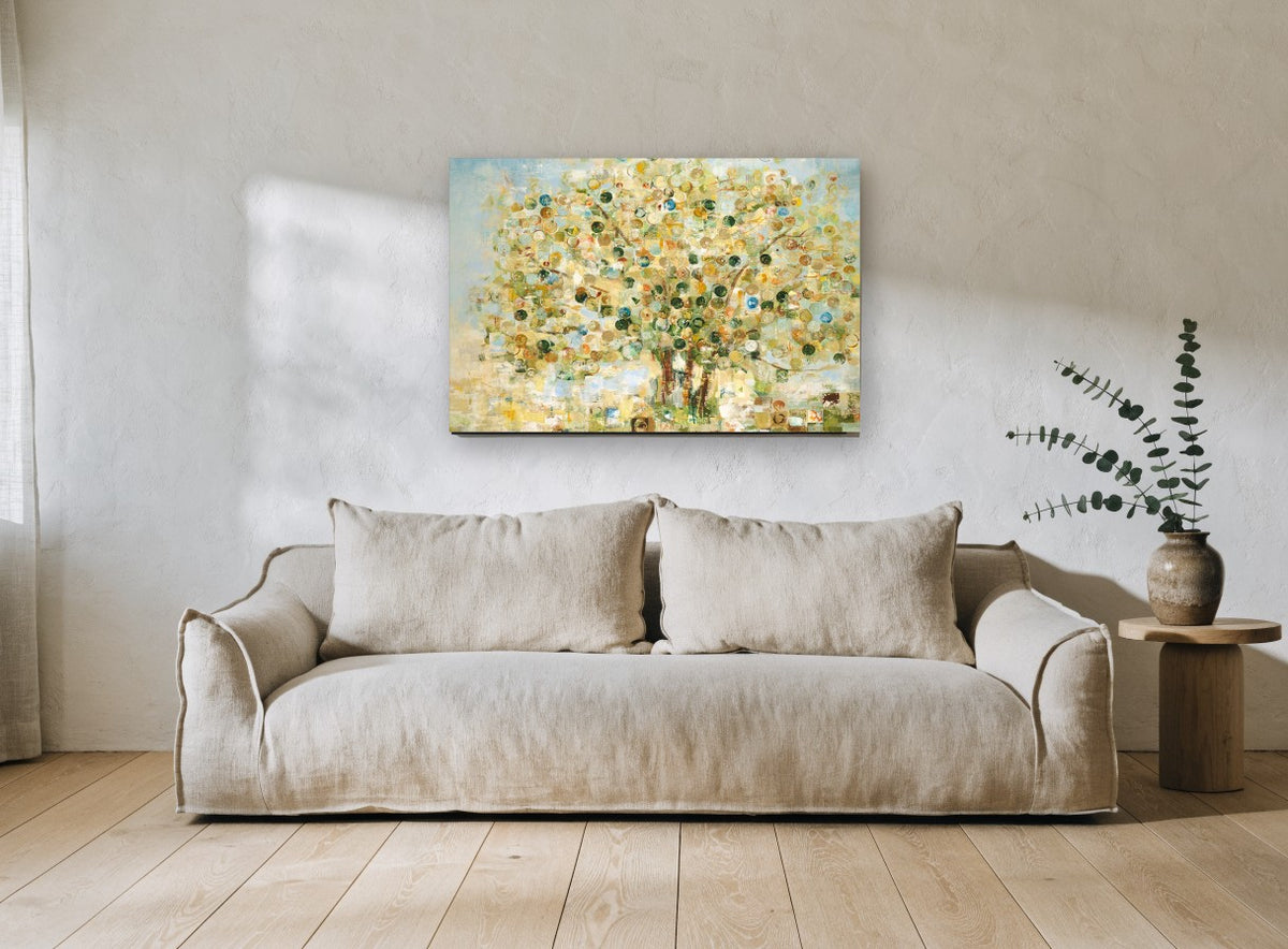 Circle Leaf Tree floral canvas print on the wall of a living room
