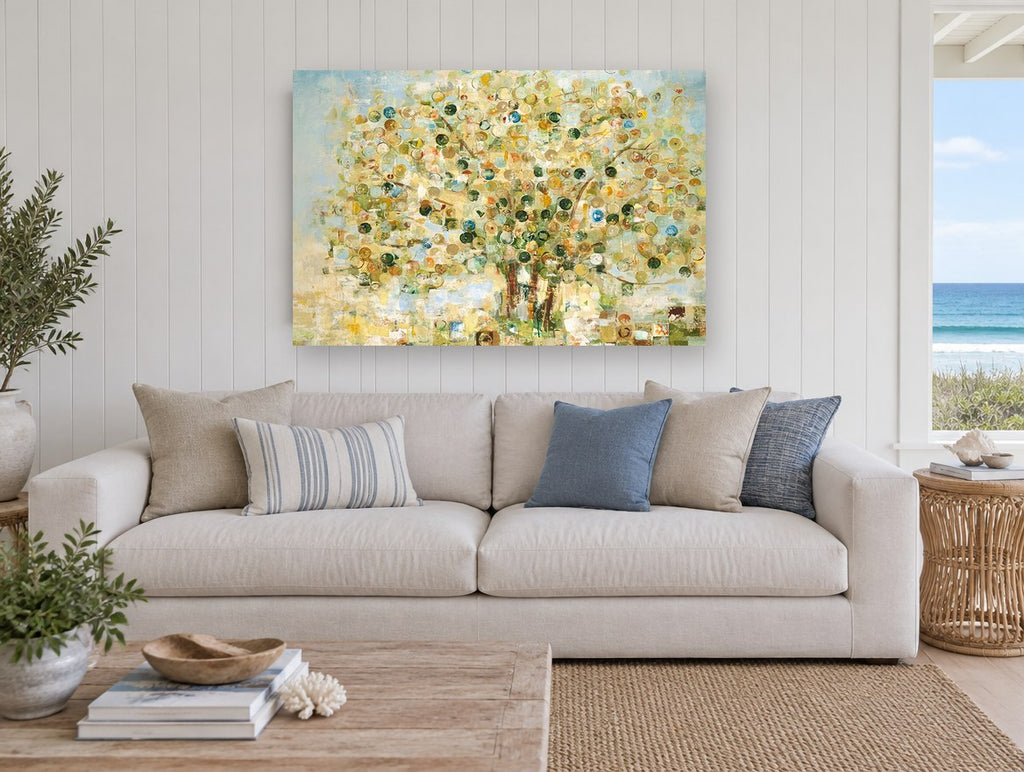 Circle Leaf Tree floral canvas print on the wall of a beach house living room
