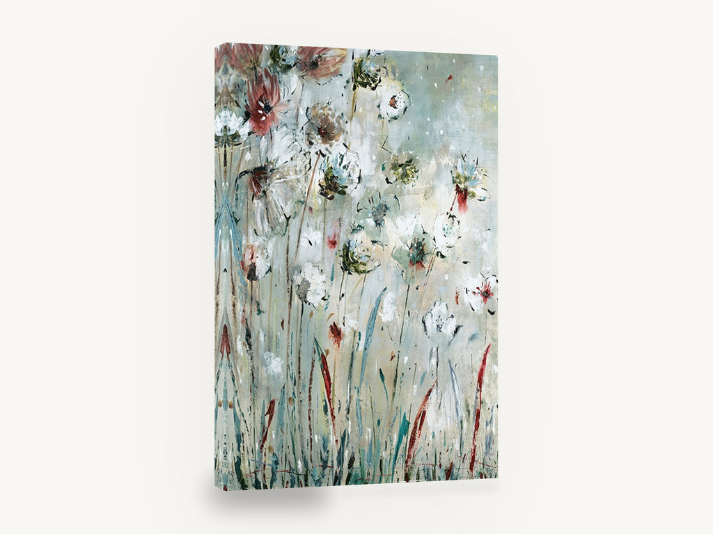 Meadow Mist Blooms, abstract wildflower meadow painting style, floral canvas wall art print ready to hang