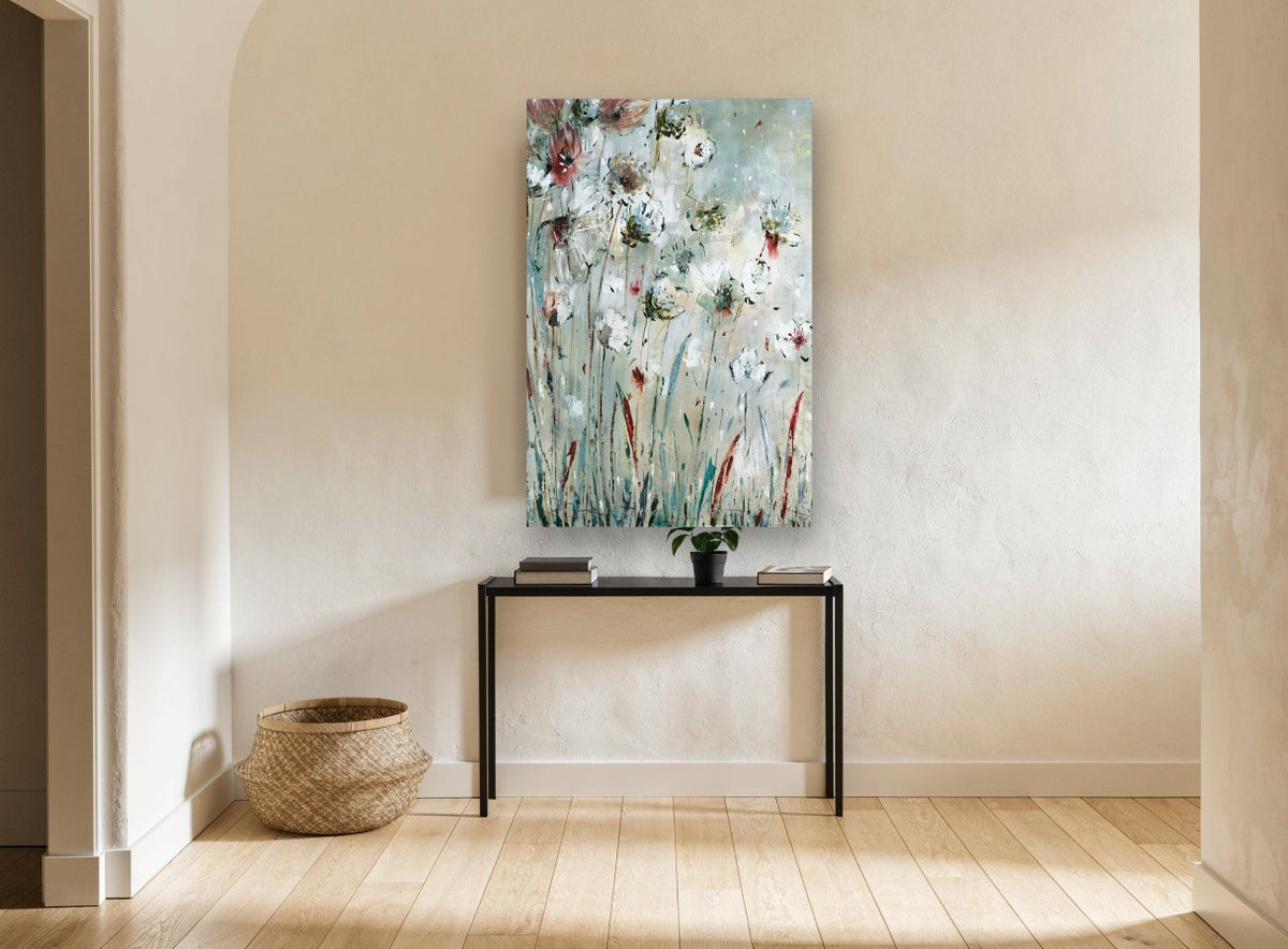 Meadow Mist Blooms floral canvas print on the wall of a hallway