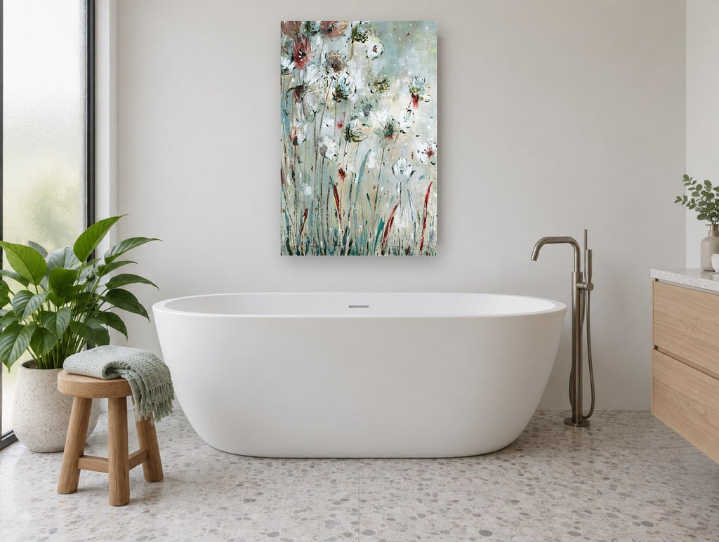 Meadow Mist Blooms floral canvas print on the wall of a bathroom