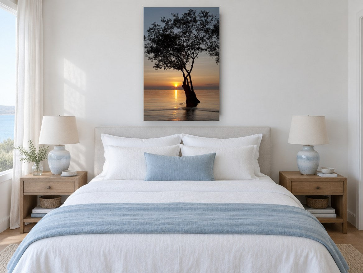 Tree at Dusk Tide landscape canvas print on the wall of a bedroom
