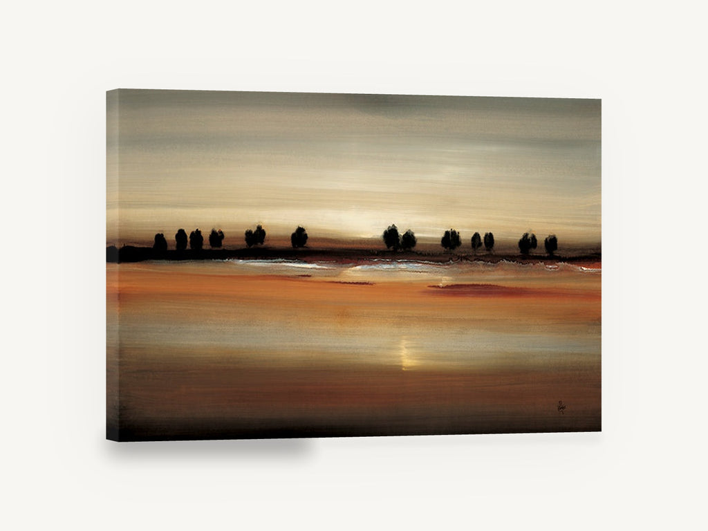 Copper Lake Silhouettes, amber treeline abstract landscape, landscape canvas wall art print ready to hang
