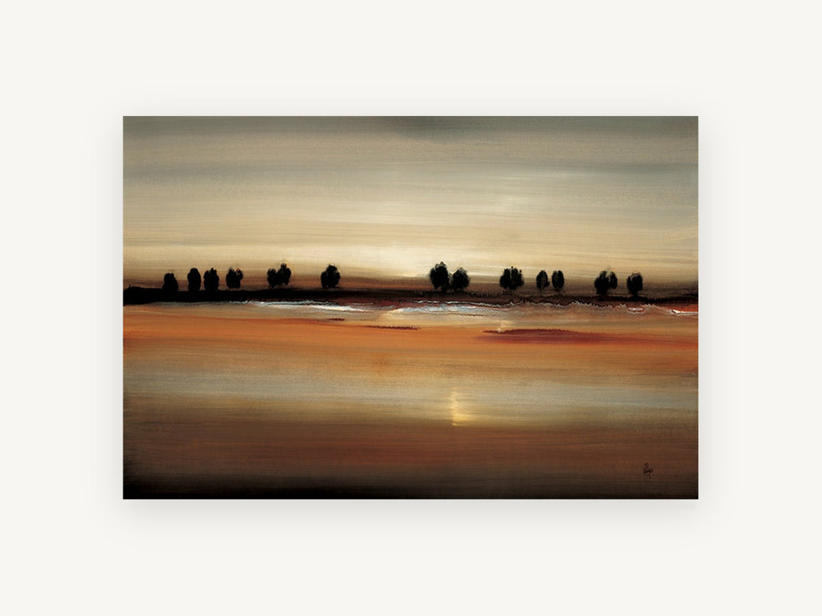Copper Lake Silhouettes, amber treeline abstract landscape, landscape canvas wall art print, front view