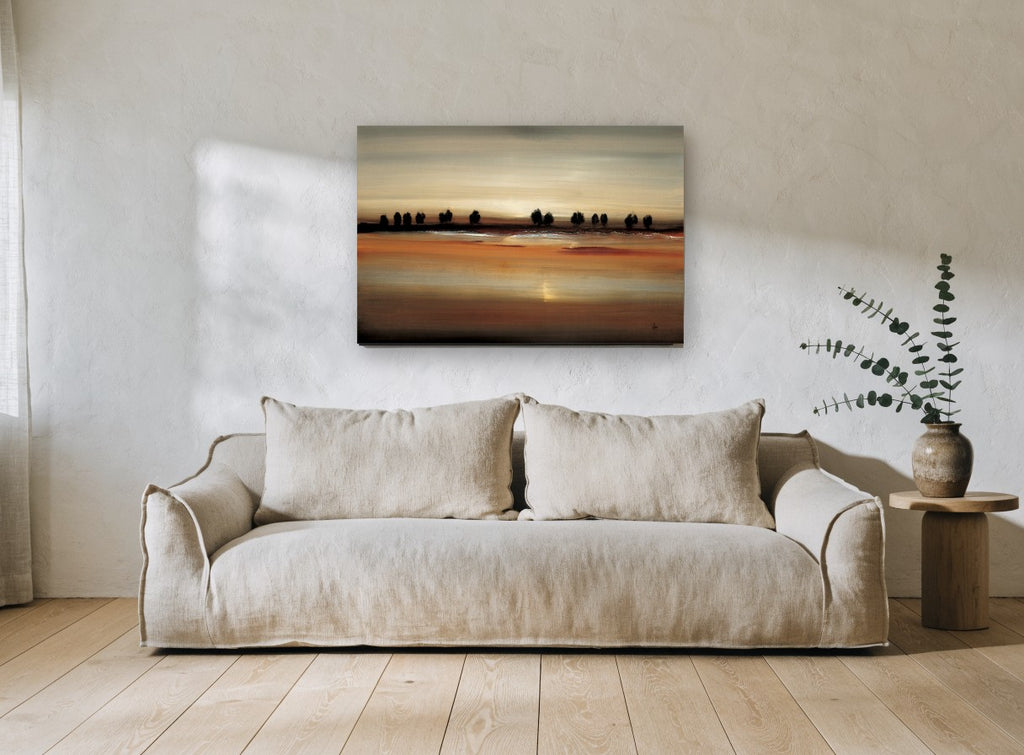 Copper Lake Silhouettes landscape canvas print on the wall of a living room