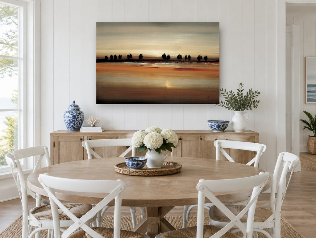 Copper Lake Silhouettes landscape canvas print on the wall of a Hamptons dining room