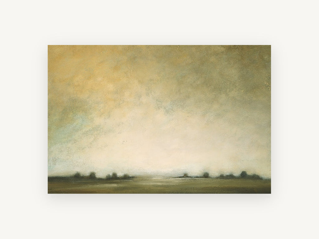 Hazy Horizon Light, hazy treeline abstract landscape painting, landscape canvas wall art print, front view