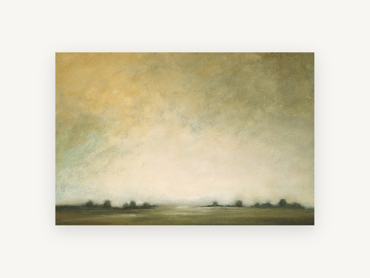 Hazy Horizon Light, hazy treeline abstract landscape painting, landscape canvas wall art print, front view