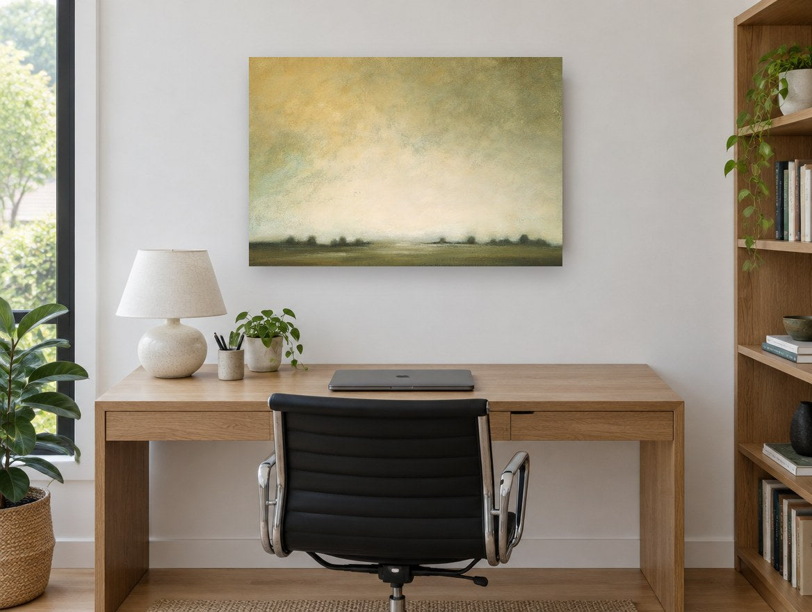 Hazy Horizon Light landscape canvas print on the wall of a study