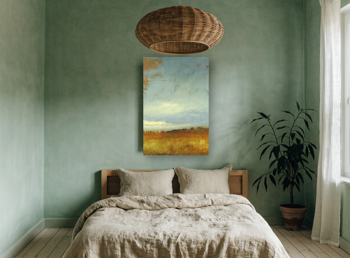 Amber Field Horizon landscape canvas print on the wall of a bedroom