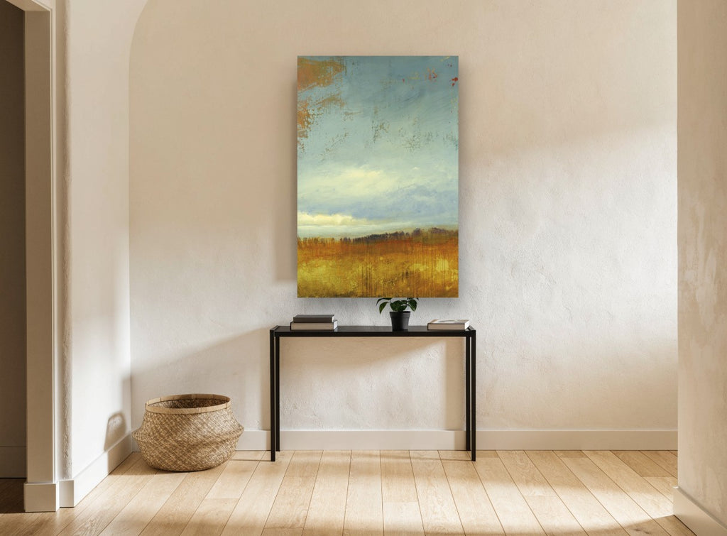 Amber Field Horizon landscape canvas print on the wall of a hallway