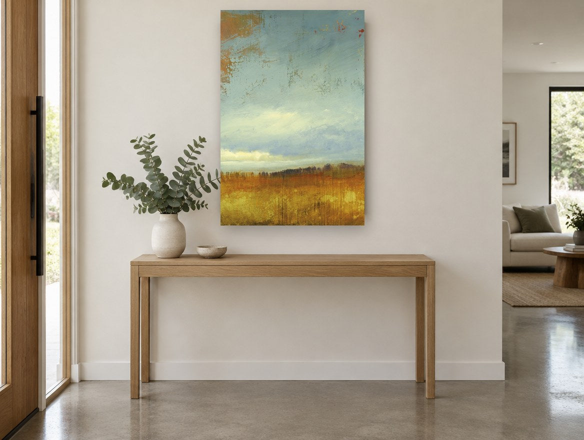 Amber Field Horizon landscape canvas print on the wall of a entry hall