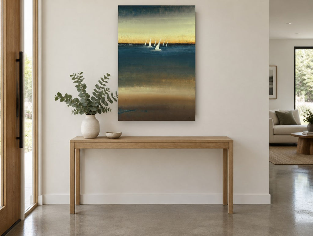 Sails at Dusk coastal canvas print on the wall of a entry hall