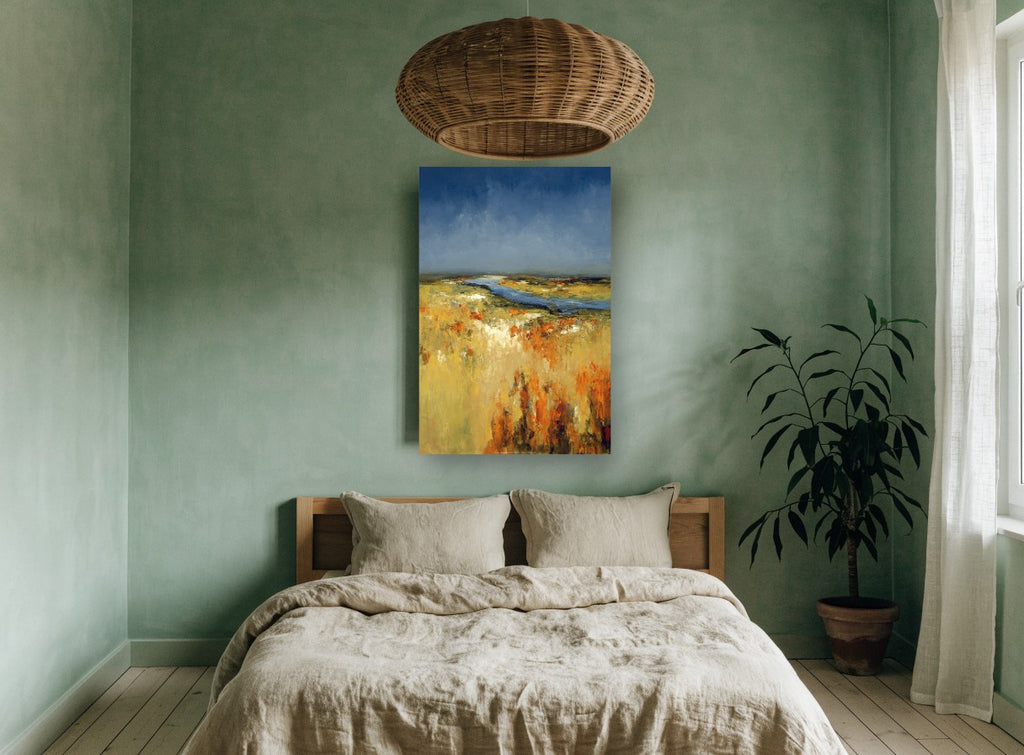 Amber Marsh River landscape canvas print on the wall of a bedroom