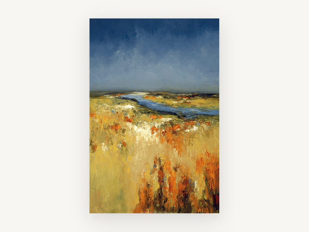 Amber Marsh River, golden field abstract landscape painting, landscape canvas wall art print, front view