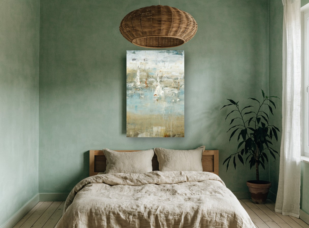 Drifting Sails Haze coastal canvas print on the wall of a bedroom