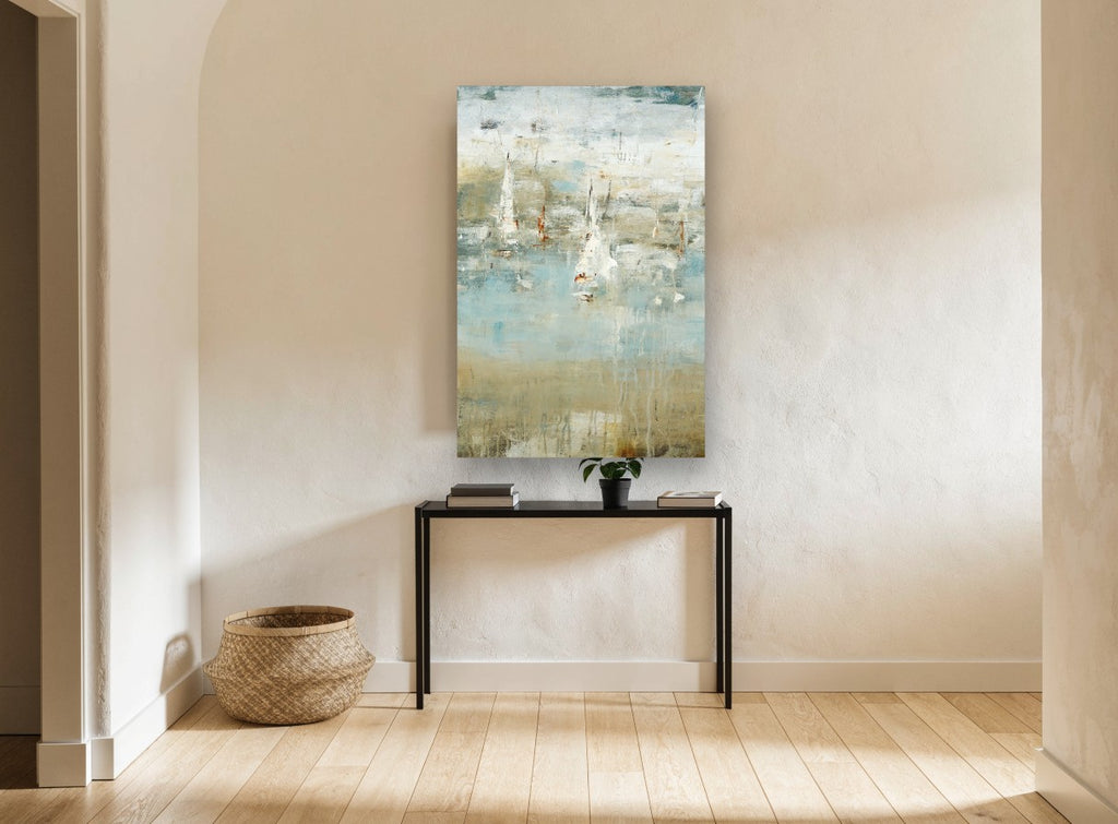 Drifting Sails Haze coastal canvas print on the wall of a hallway